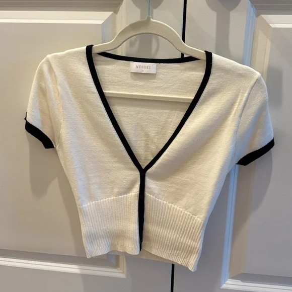Meshki Jolene Contrast Rib Knit Midi Skirt + Button Up Knit Top - White (XS)